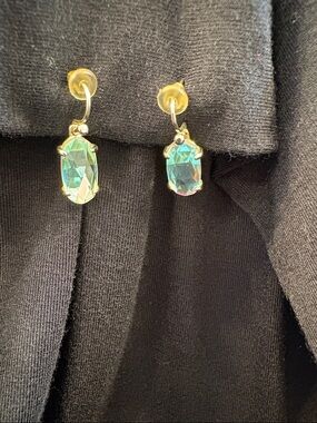 Kendra Scott Gold Drop Earrings with Iridescent Green-Blue Crystals